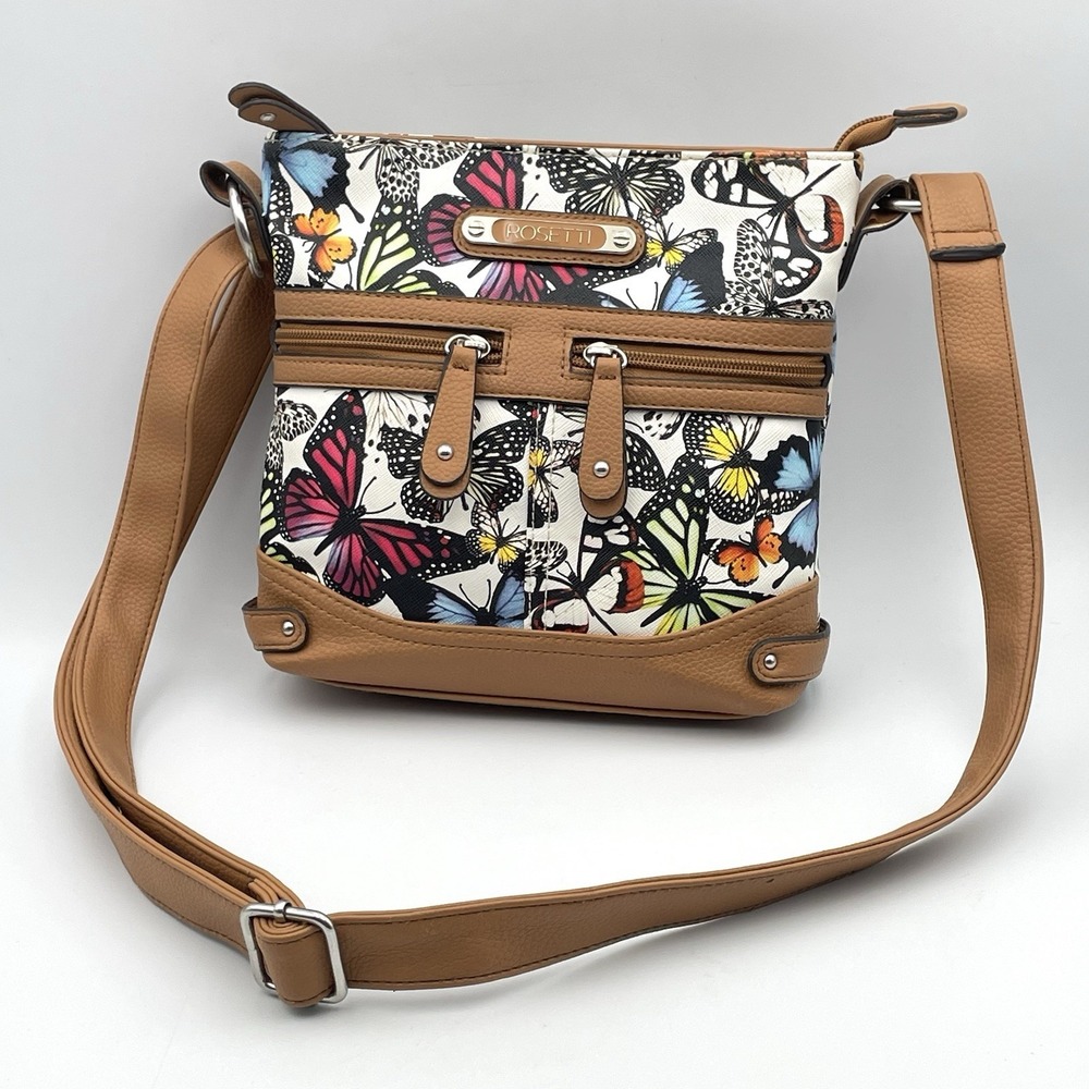 Rosetti Butterfly Print Crossbody Purse Tan Faux Leather Shoulder Bag‎ 8"